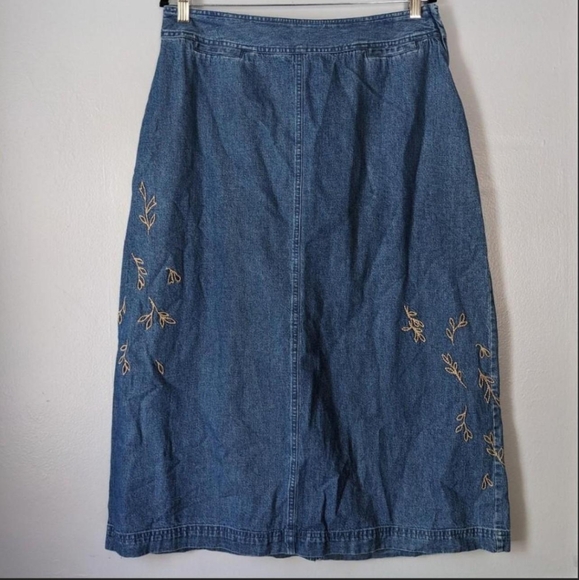 Liz Claiborne Dresses & Skirts - Vintage Crazy Horse Embroidered Denim Maxi Skirt Blue And Beige Leaf Print 14